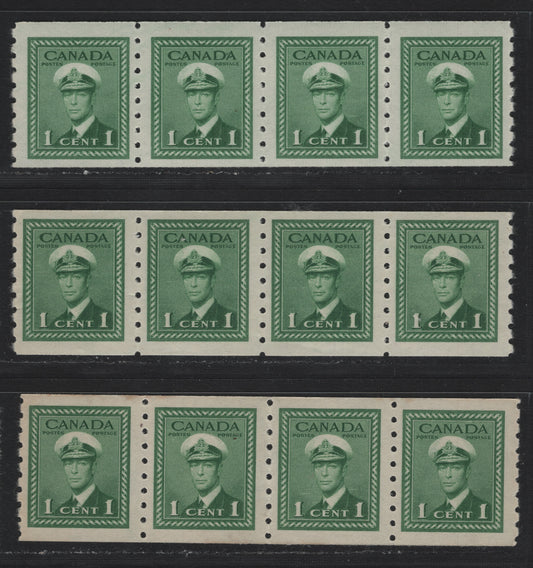 Lot 336 Canada #263 1c Green , 1942-1943 KGVI War Issue Coils, 3 VFNH Singles, Vertical Wove Papers, All Showing Consistent Spacing Of 4mm Between Stamp Impressions, Different Gums.