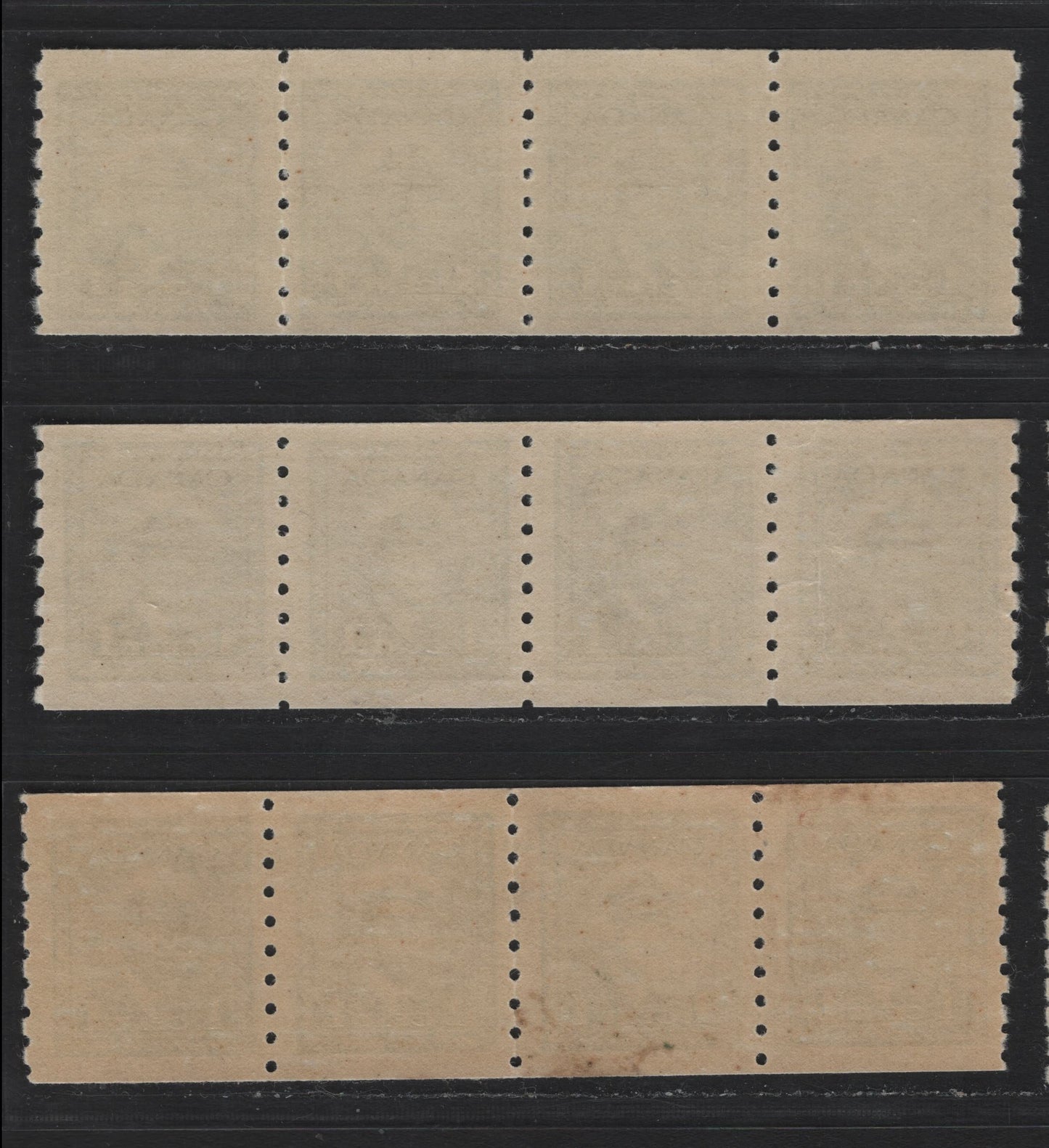 Lot 336 Canada #263 1c Green , 1942-1943 KGVI War Issue Coils, 3 VFNH Singles, Vertical Wove Papers, All Showing Consistent Spacing Of 4mm Between Stamp Impressions, Different Gums.