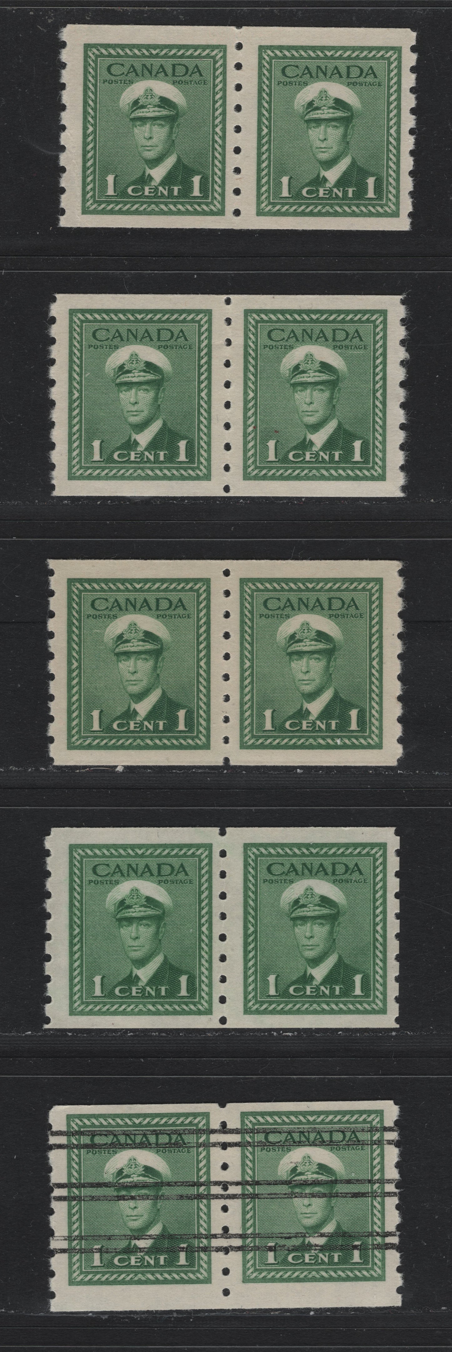 Lot 338 Canada #263, 263xx 1c Green , 1942-1943 KGVI War Issue Coils, 5 VFNH Coil Pairs, Coil & Precancelled Coil Pairs, Different Paper & Gum Combinations