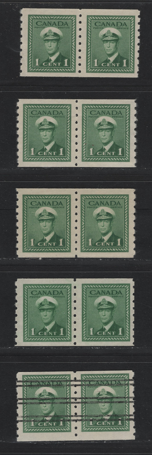 Lot 338 Canada #263, 263xx 1c Green , 1942-1943 KGVI War Issue Coils, 5 VFNH Coil Pairs, Coil & Precancelled Coil Pairs, Different Paper & Gum Combinations