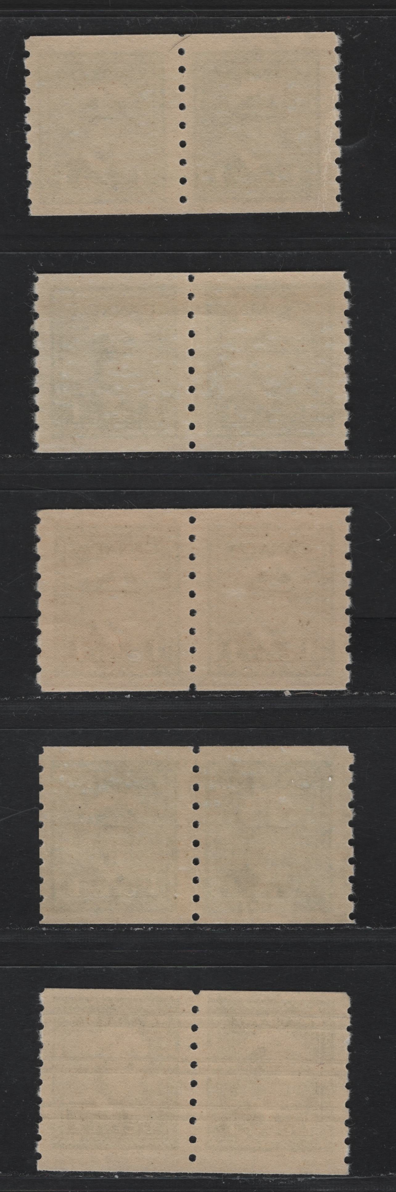 Lot 338 Canada #263, 263xx 1c Green , 1942-1943 KGVI War Issue Coils, 5 VFNH Coil Pairs, Coil & Precancelled Coil Pairs, Different Paper & Gum Combinations