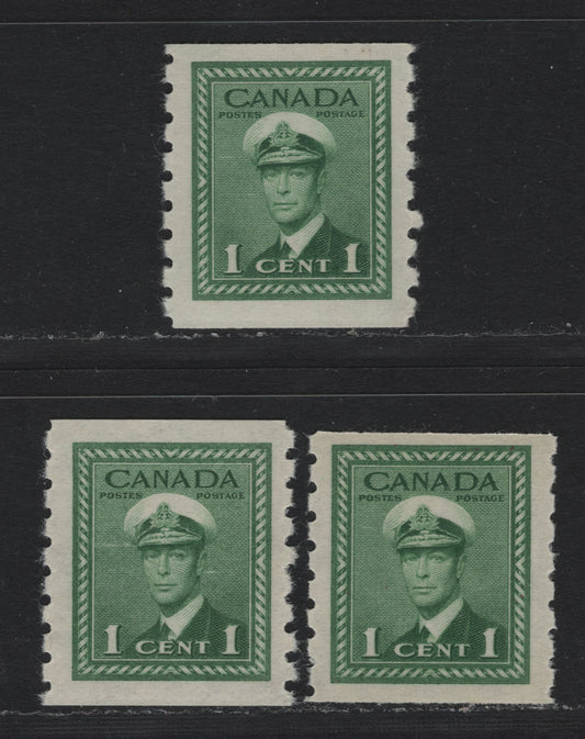 Lot 57 Canada #263 1c Green , 1942-1943 KGVI War Issue Coils, 3 VFNH Singles, Perf 8 Vertical, Different Papers & Gum Types, Many of Which Are In The Tables.