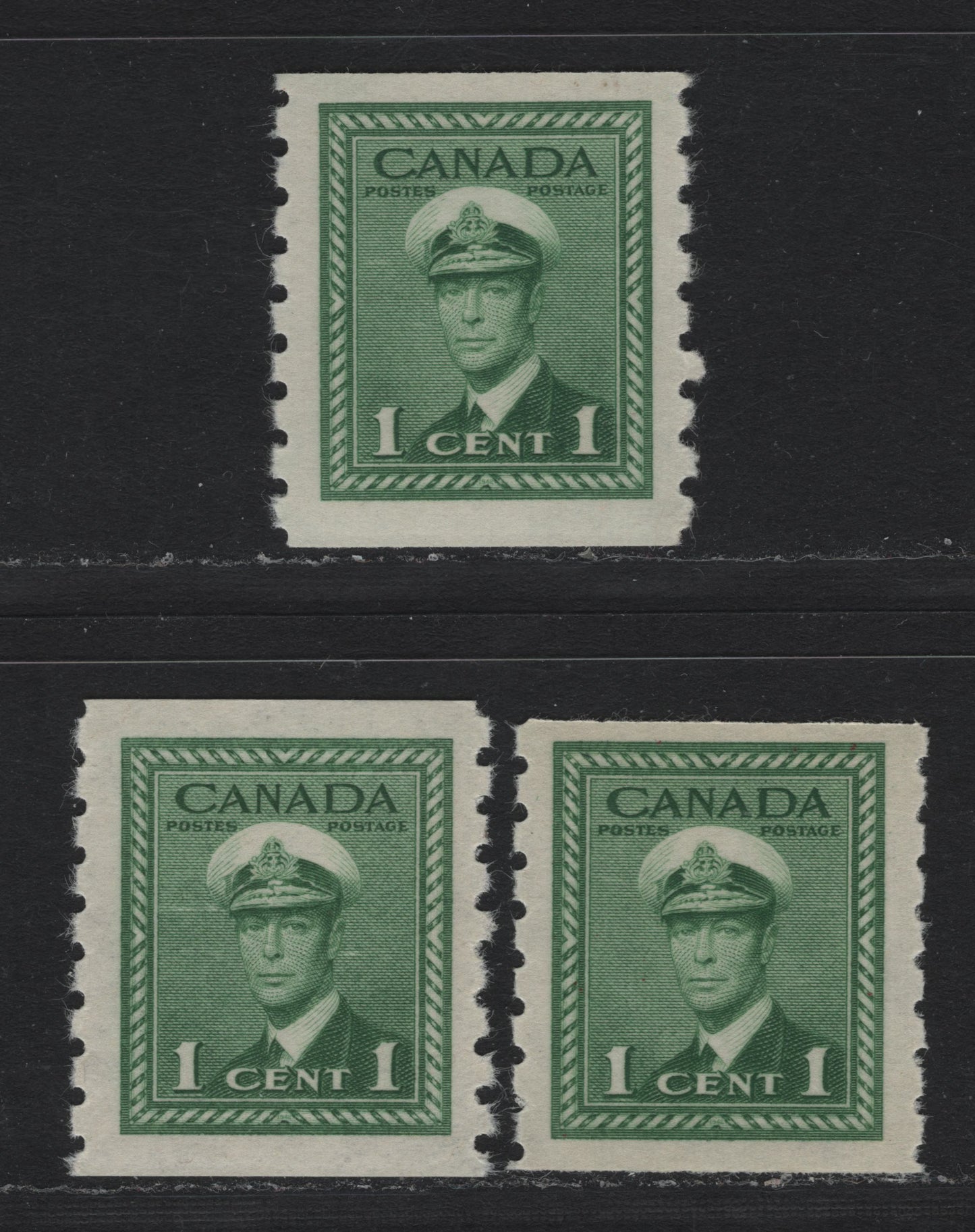 Lot 340 Canada #263 1c Green , 1942-1943 KGVI War Issue Coils, 3 VFNH Singles, Perf 8 Vertical, Different Papers & Gum Types, Many of Which Are In The Tables.