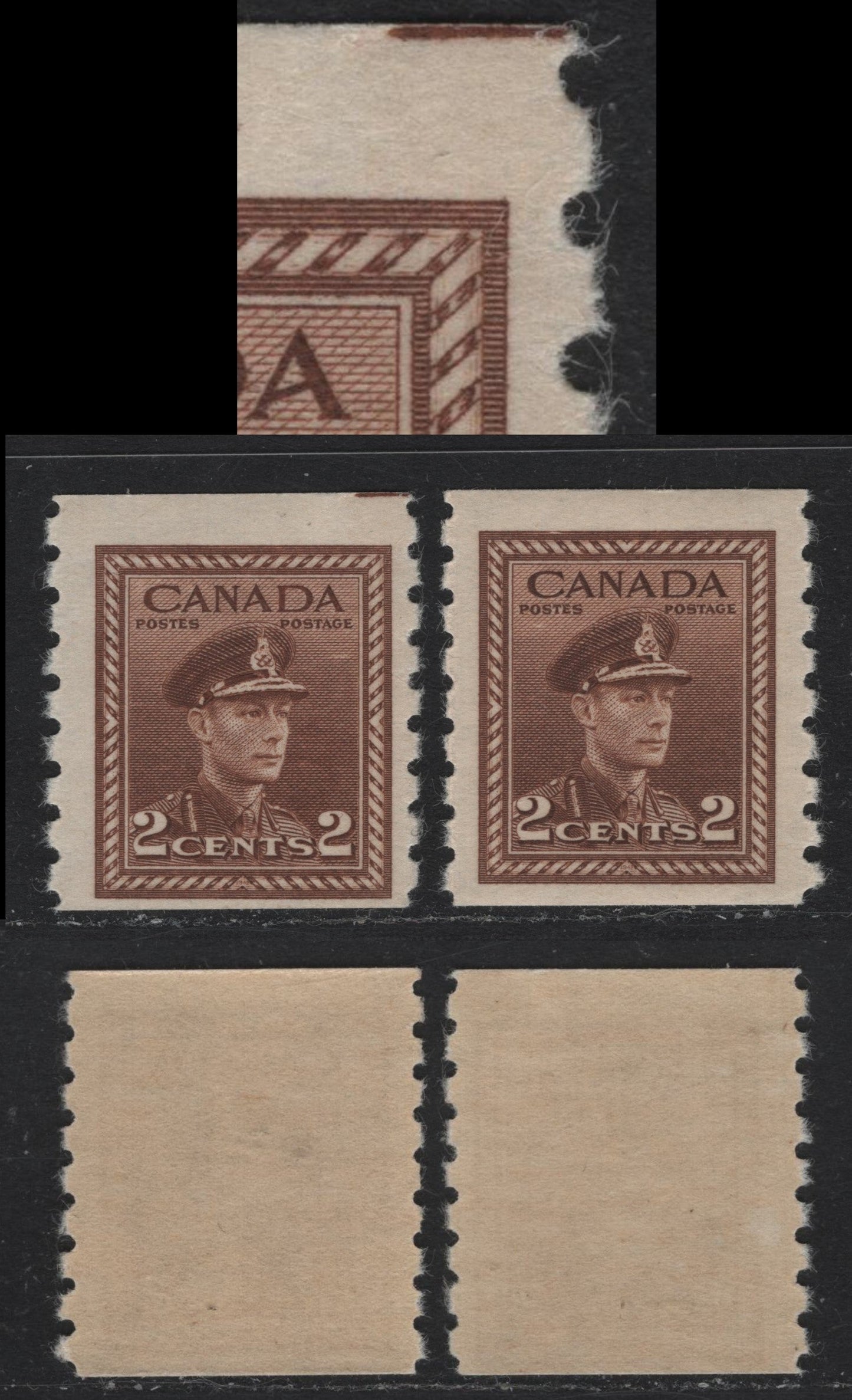 Lot 341 Canada #264, 264var 2c Brown , 1942-1943 KGVI War Issue, 2 FNH Singles, Horizontal Wove Paper With Clear Mesh & Semi Glossy Cream Gum, One Single Showing The Cutting Guideline At UR