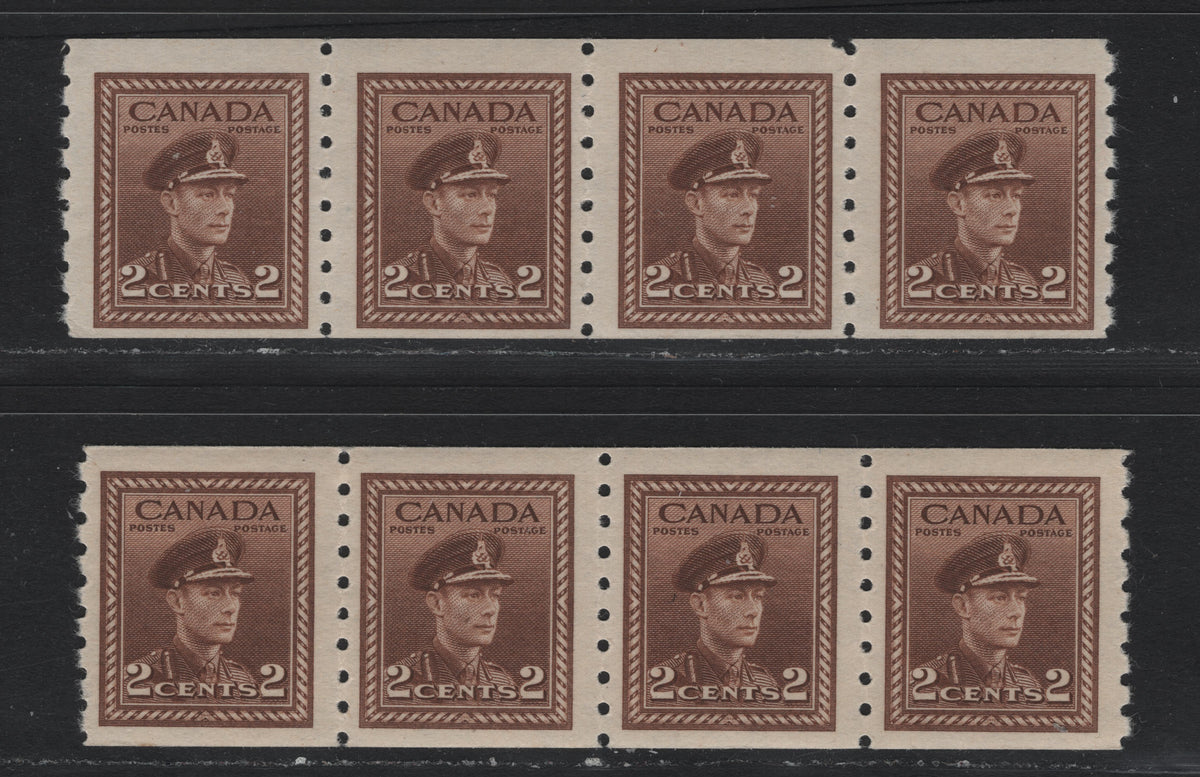 Lot 58 Canada #264 2c Brown & Yellowish Brown , 1942-1943 KGVI War Issue, 2 FNH Coil Strips Of 4, Horizontal Wove Paper With Clear Horizontal Mesh & Semi Glossy Cream Gum, Perf 8 Vertical