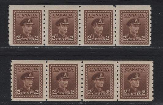 Lot 58 Canada #264 2c Brown & Yellowish Brown , 1942-1943 KGVI War Issue, 2 FNH Coil Strips Of 4, Horizontal Wove Paper With Clear Horizontal Mesh & Semi Glossy Cream Gum, Perf 8 Vertical