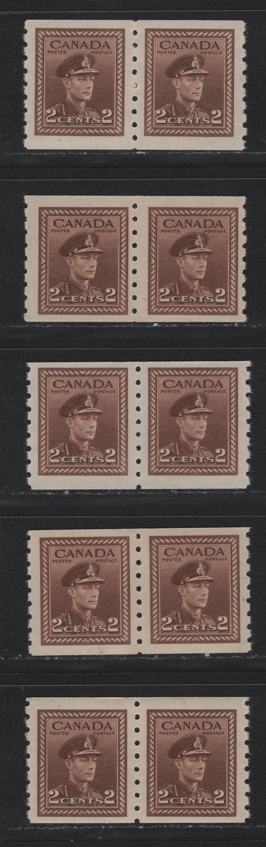 Lot 346 Canada #264 2c Brown , 1942-1943 KGVI War Issue, 5 F/VFNH Coil Pairs, Perf 8 Vertical, Different Papers & Gum Types