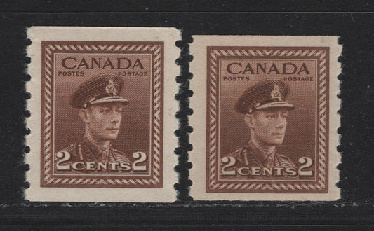 Lot 348 Canada #264 2c Brown , 1942-1943 KGVI War Issue, 2 VFNH Coil Singles, Printings Different From Those In Lot 347