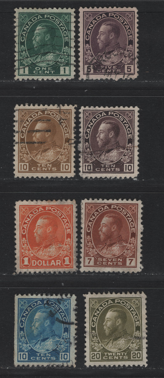 Lot 37 Canada #104c, 112i, 114, 116, 117ii, 118-119, 122 1c - $1 Deep Blue Green - Orange , 1911-1925 KGV Admiral Issue, 8 Fine/Very Fine Used Singles, Unchecked As to Specific Paper Types & Perfs, Dry & Wet Printings