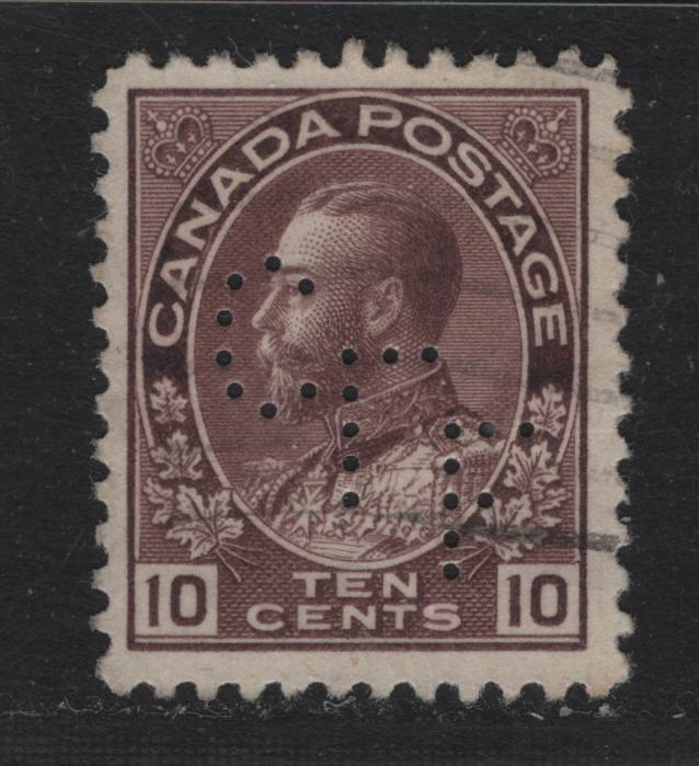 Lot 42 Canada #116a 10c Light Reddish Purple , 1911-1925 KGV Admiral Issue, A Very Fine Used Single, ABN-A Paper, Canadian Foundries & Forgings Perfin, Missing The Crossbar On The F, Pos. 1.