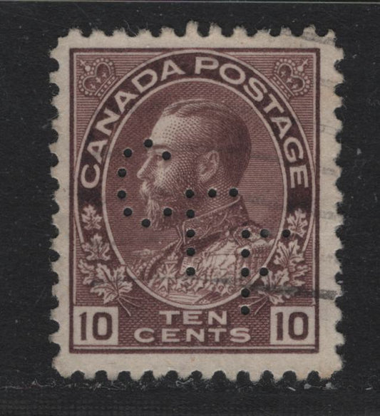 Lot 42 Canada #116a 10c Light Reddish Purple , 1911-1925 KGV Admiral Issue, A Very Fine Used Single, ABN-A Paper, Canadian Foundries & Forgings Perfin, Missing The Crossbar On The F, Pos. 1.
