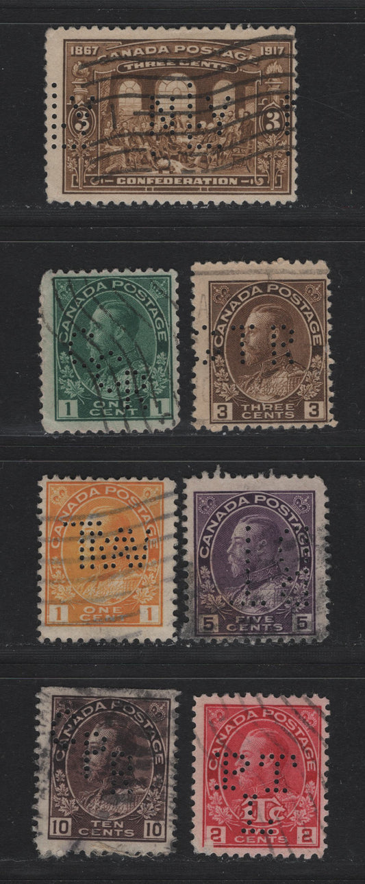 Lot 43 Canada #105i, 108, 104b, 112c, 116, 135, MR3a 1c - 3c Yellow - Brown , 1911-1925 KGV Admiral Issue, 7 Very Good/Fine Used Singles, Selection of Perfins In VG-F Condition