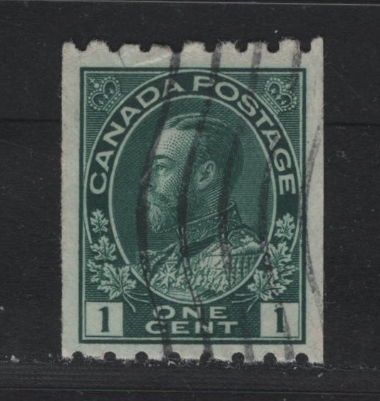 Lot 44 Canada #123 1c Dark Blue Green , 1913 KGV Admiral Coil Issue, A Very Good Used Coil Single, ABN-B Paper, Perf 8 Horizontally, Very Weakly Retouched Frameline, Small Perf Crease At Top.