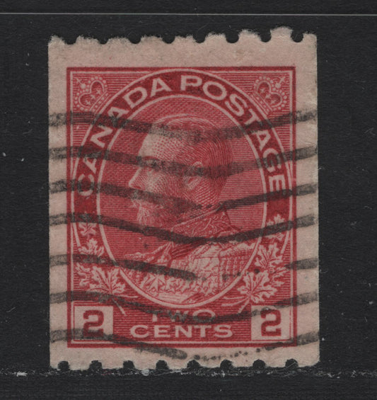 Lot 47 Canada #124 2c Rose Carmine , 1913 KGV Admiral Coil Issue, A Fine Used Coil Single, ABN-B Paper, Perf 8 Horizontally, Weakly Retouched Frameline.