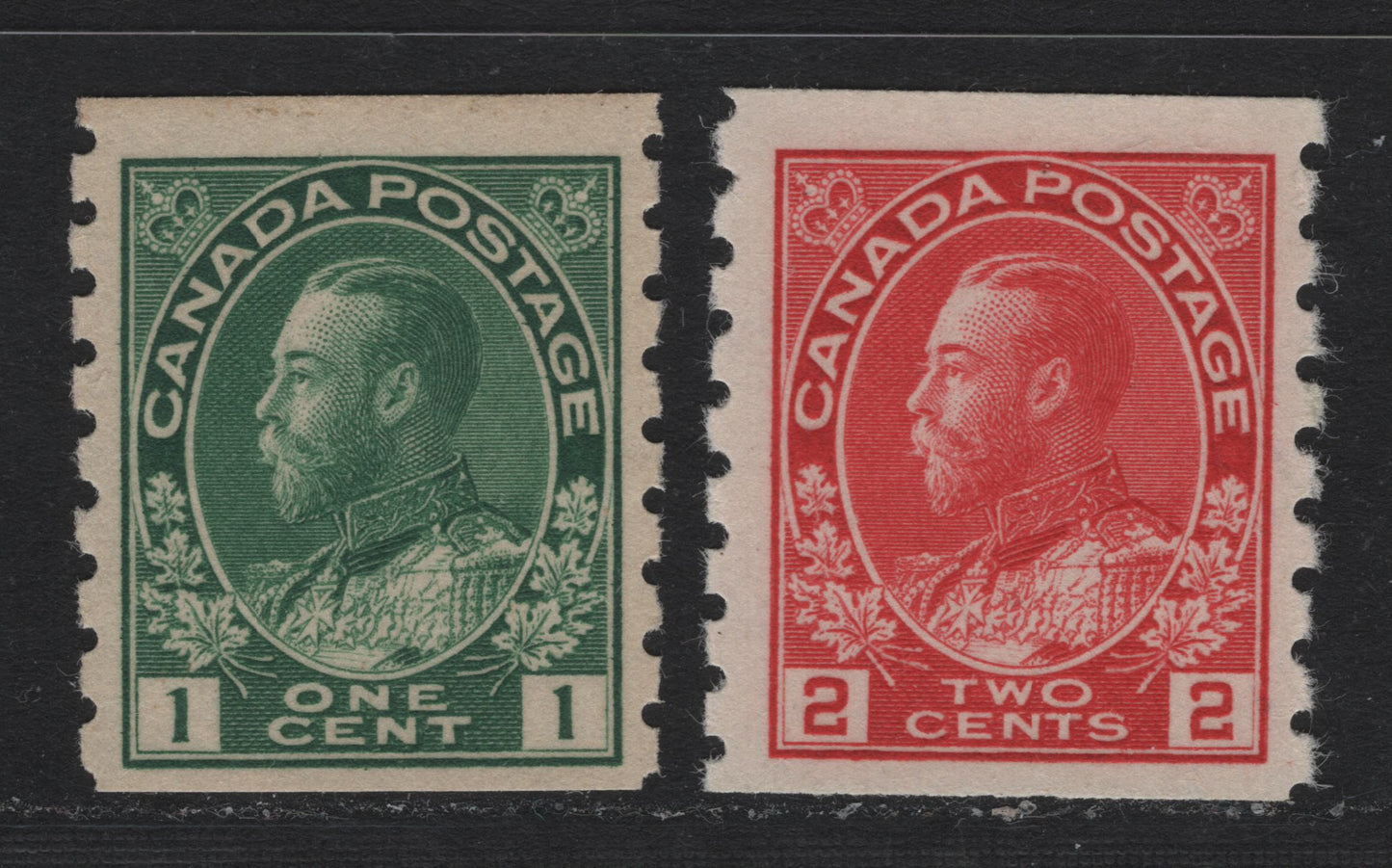 Lot 48 Canada #125, 127 1c 0 2c Green - Deep Bright Rose Red , 1912-1924 KGV Admiral Coil Issue, 2 FNH Coil Singles, Perf 8 Vertical, ABN-B Paper/Gum