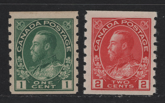 Lot 48 Canada #125, 127 1c 0 2c Green - Deep Bright Rose Red , 1912-1924 KGV Admiral Coil Issue, 2 FNH Coil Singles, Perf 8 Vertical, ABN-B Paper/Gum
