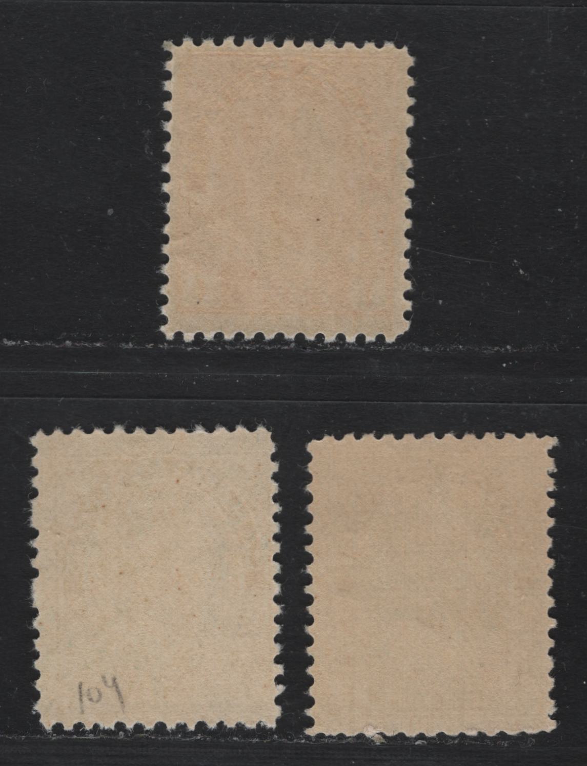 Lot 5 Canada #104a,ii, 105 1c Deep Blue Green - Orange Yellow , 1911-1925 KGV Admiral Issue, 3 FNH Singles, ABN-A Paper, Orange Yellow Is Die 1 Wet Printing, Perfs 12x11.8 & 11.9, Retouched Frameline At UR.