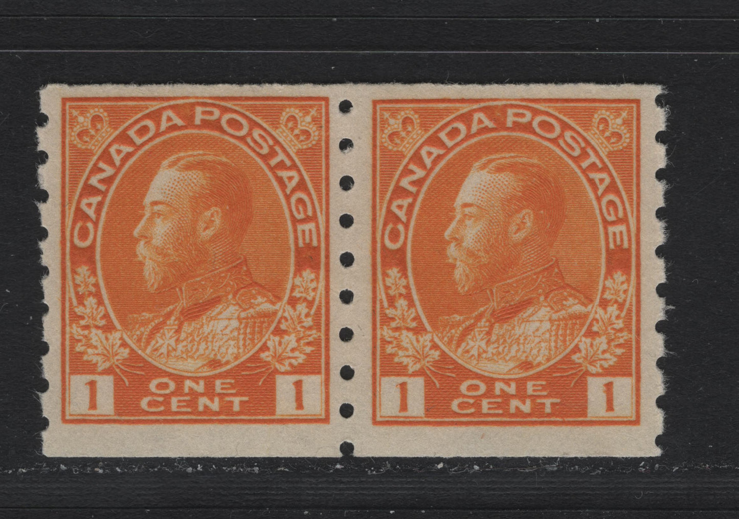 Lot 51 Canada #126d, 127 1c Yellow Orange , 1912-1924 KGV Admiral Coil Issue, A VFOG Coil Pair, ABN-E Paper, Perf 8 Vertical, Wet Printing, Retouched Frameline.
