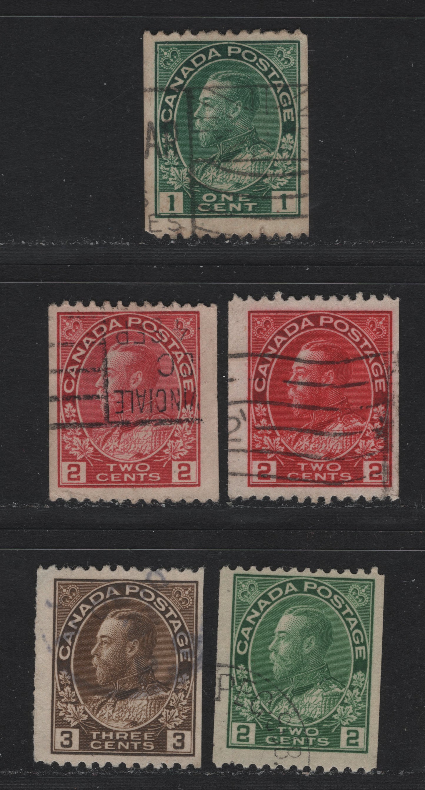 Lot 58 Canada #131ii, 132, 132iii, 133, 134 1c Blue Green, 2c Deep Bright Carmine Red, 2c Rose Carmine, 2c Bright Green, 3c Brown, 1915-1924 King George V Admiral Issue, 5 Fine Used Singles Perf 12 Horizontal Coils, Incl. Genuine & Scarce 2c Green