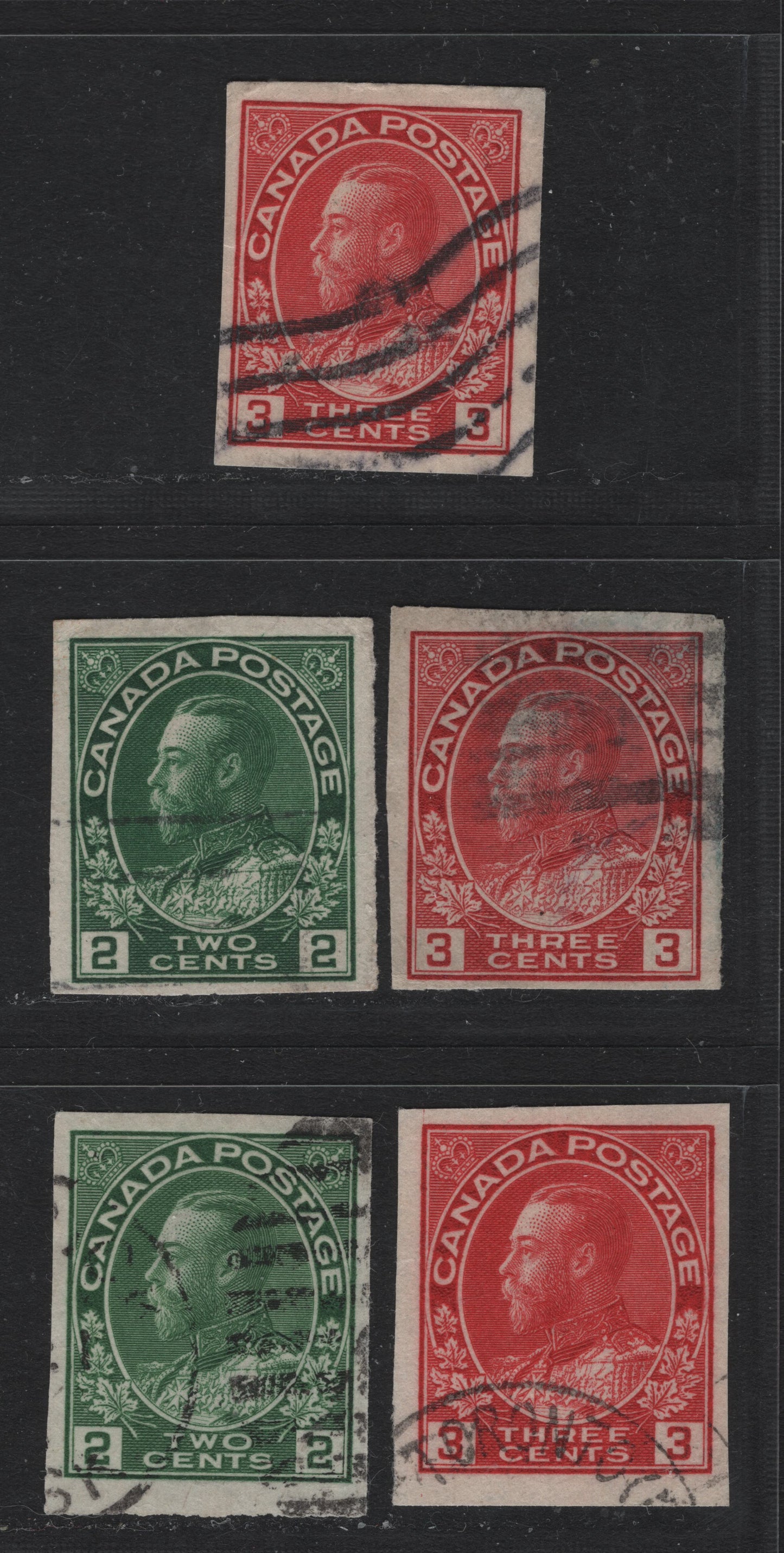 Lot 60 Canada #138 3c Carmine, 1924 King George V Admiral Issue, 5 VF Used Imperf Singles On ABN-M, Plus Two Of Each Of The 2c & 3c Faked Imperfs