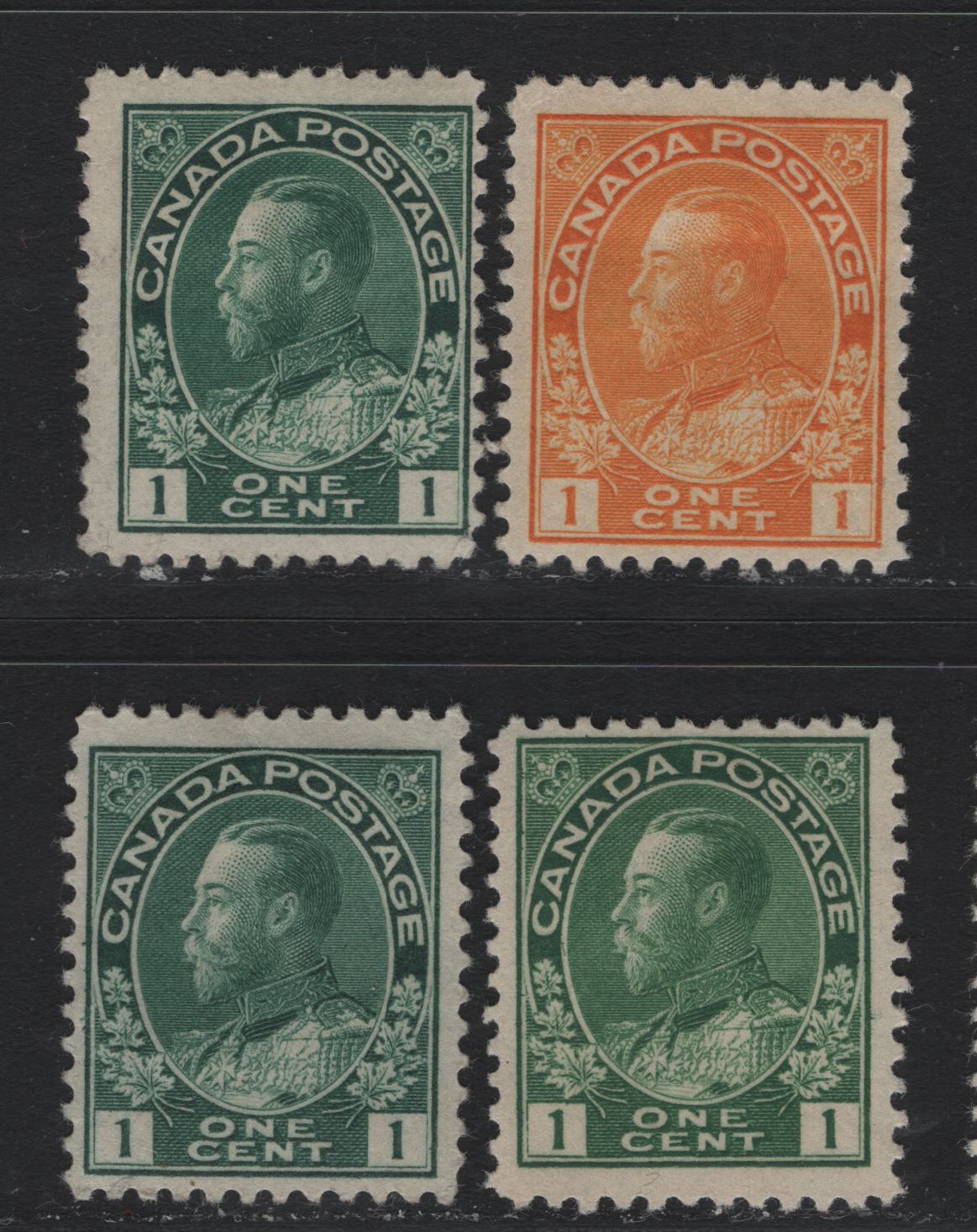 Lot 6 Canada #104b, 104ii, 105 1c Blue Green - Yellow Orange , 1911-1925 KGV Admiral Issue, 4 FOG & Unused Singles, ABN-B & ABN-E Papers, All With Retouched Framelines, Perfs 12x11.9 & 11.9.