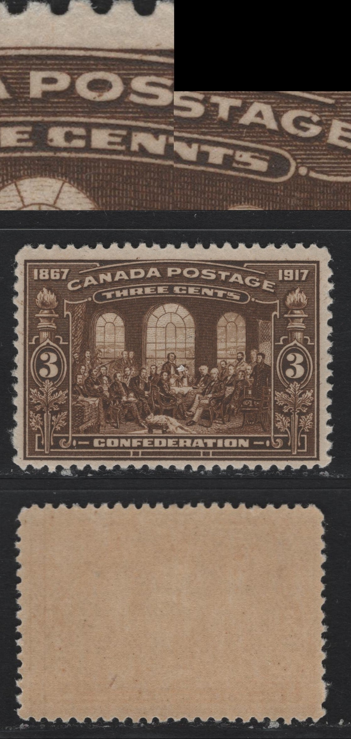 Lot 62 Canada #135var 3c Deep Brown, 1917 Confederation Issue, A FNH Single Showing Extraneous Dots Inside "S" Of Cents, "C" Of Cents And "D" Of Canada