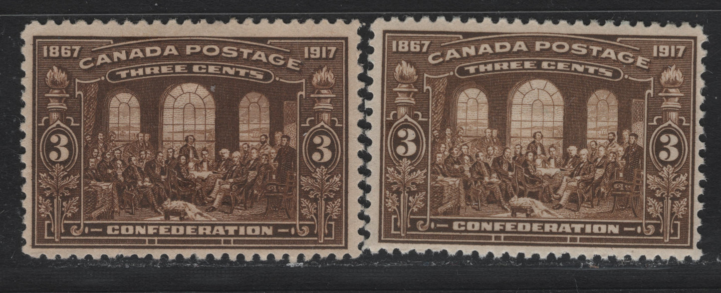 Lot 65 Canada #135, 135i 3c Brown & Dark Brown, 1917 Confederation Issue, 2 FOG Singles