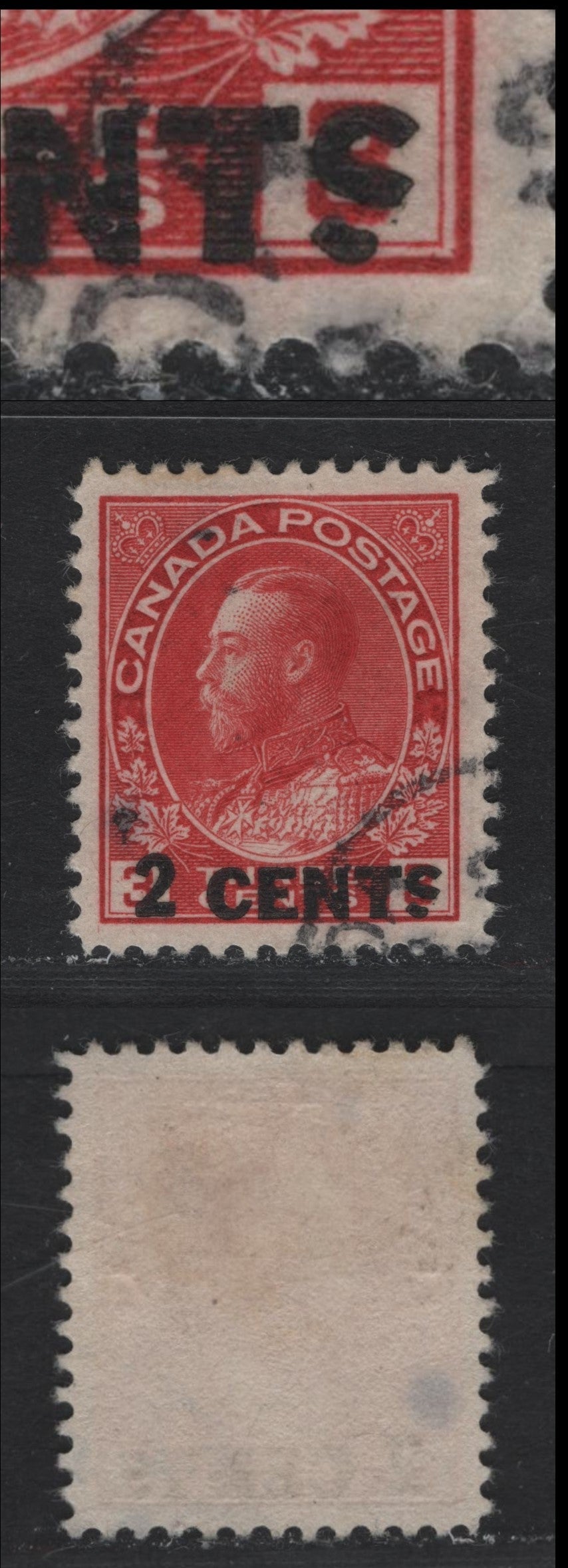 Lot 67 Canada #139var 2c on 3c Carmine Red , 1926 KGV Admiral Provisional Issue, A Very Fine Used Single, Single Line Surcharge On ABN-M Paper, Perf 11.9x11.9, Showing Damaged 's' On Cents, Unlisted In Unitrade.