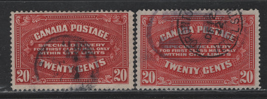 Lot 37 Canada #E2a 20c Carmine Red - Dark Carmine , 1922 Special Delivery Issue, 2 Very Good Used Singles, Wet Printings, Decent Cancels