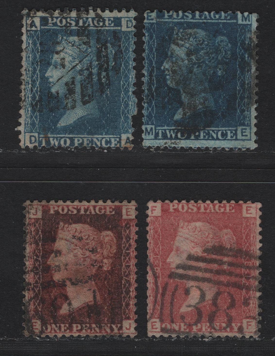 Lot 80 Great Britain SG#43-45 1d - 2d Rose Red - Blue, 1858-1879 Line Engraved Issue, 4 Very Good/Fine Used Singles, Plates 81, 117, 8 & 9, Letters In All Corners & Plate Numbers Incorporated Into Design