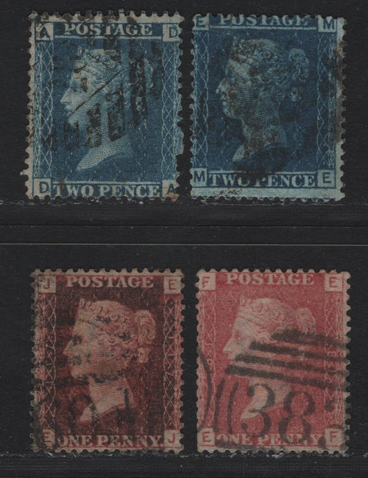 Lot 80 Great Britain SG#43-45 1d - 2d Rose Red - Blue, 1858-1879 Line Engraved Issue, 4 Very Good/Fine Used Singles, Plates 81, 117, 8 & 9, Letters In All Corners & Plate Numbers Incorporated Into Design