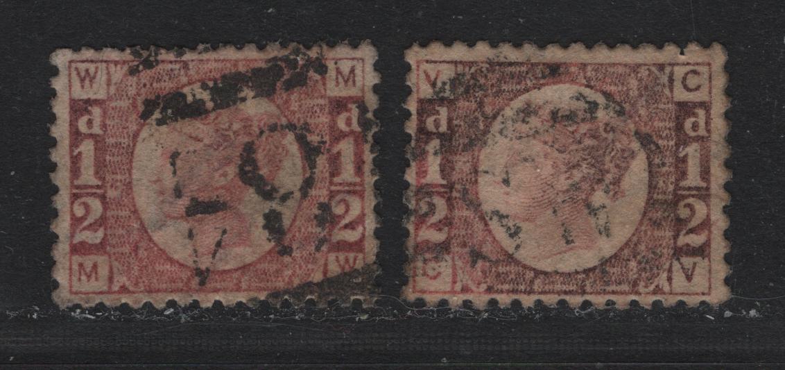 Lot 81 Great Britain (C) SG#48 1/2d Rose Red, 1870 Line Engraved Issue, 2 Fine Used Singles, Plates 6 & 8