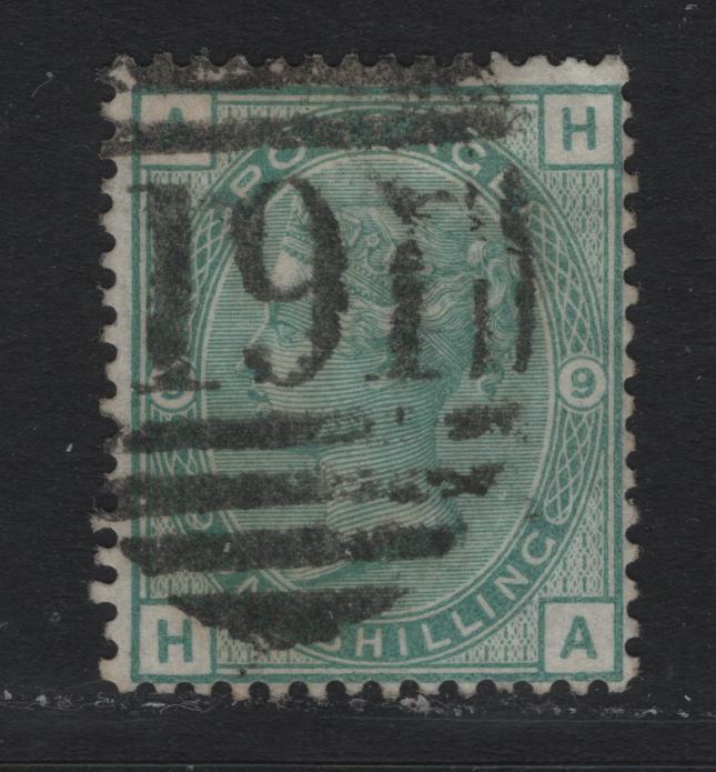 Lot 88 Great Britain SG#150 1/- Green, 1873-1880 Queen Victoria Surface Printed Issue, A Fine Used Single, Plate 9, Spray of Rose Wmk, Large Colored Corner Letters.
