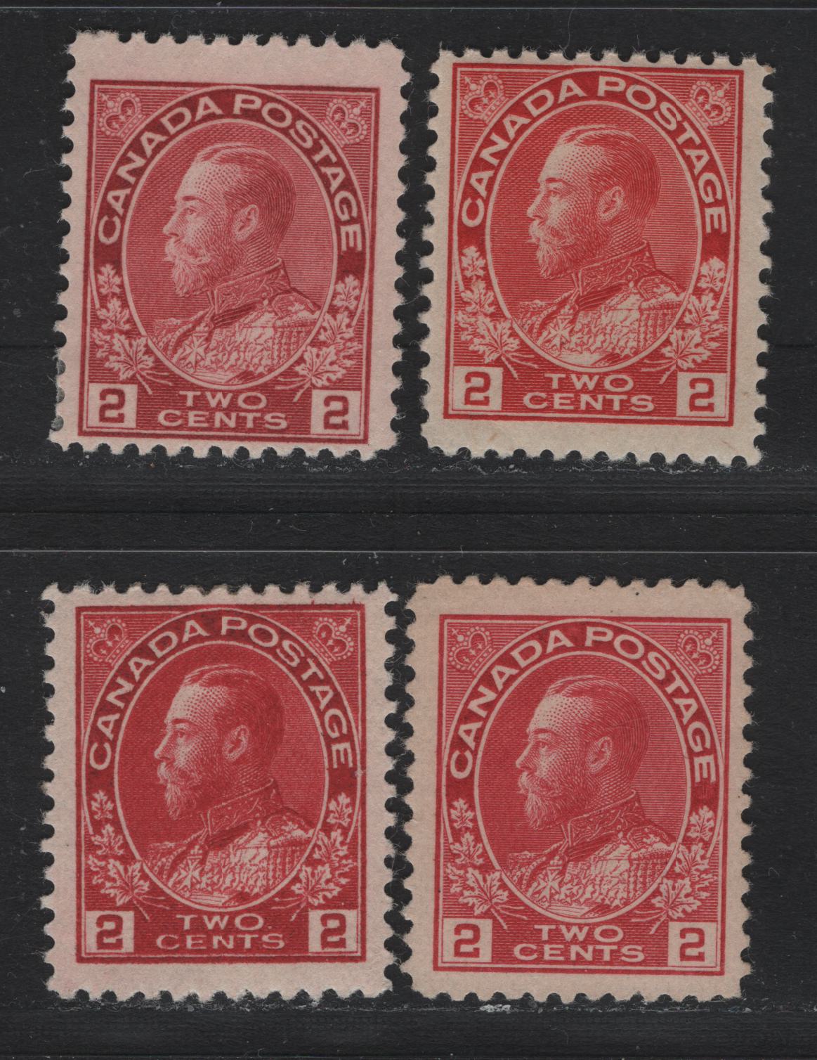 Lot 9 Canada #106v, 106c, 106, 106ii 2c Deep Rosine - Carmine , 1911-1925 KGV Admiral Issue, 4 F/VFOG Singles, ABN-B & ABN-E (Carmine) Papers, Rose Carmine & Carmine Have Weakly Retouched Frameline & Perfs 12x11.9 & 11.9, Others Have Retouched Frameline.