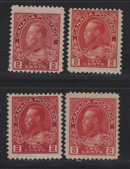 Lot 9 Canada #106v, 106c, 106, 106ii 2c Deep Rosine - Carmine , 1911-1925 KGV Admiral Issue, 4 F/VFOG Singles, ABN-B & ABN-E (Carmine) Papers, Rose Carmine & Carmine Have Weakly Retouched Frameline & Perfs 12x11.9 & 11.9, Others Have Retouched Frameline.