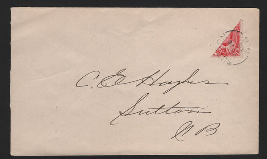 Lot 10 Canada (C) #90var 2c Carmine , 1903-1908 King Edward VII Issue, A Very Fine Used Cover, Unauthorized Bisect Used On A Philatelic Drop Cover Within Sutton, NB June 26 1905, The Split Ring Cancel Completely Tying The Stamp To The Cover