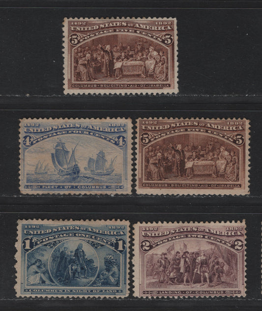 Lot 101 United States SC#230-231, 233-234 1c - 5c Blue - Chocolate , 1893 Columbian Exposition Issue, 5 Very Good/Fine Unused Singles, Two Shades Of 5c Chocolate, Shallow Thin On 4c
