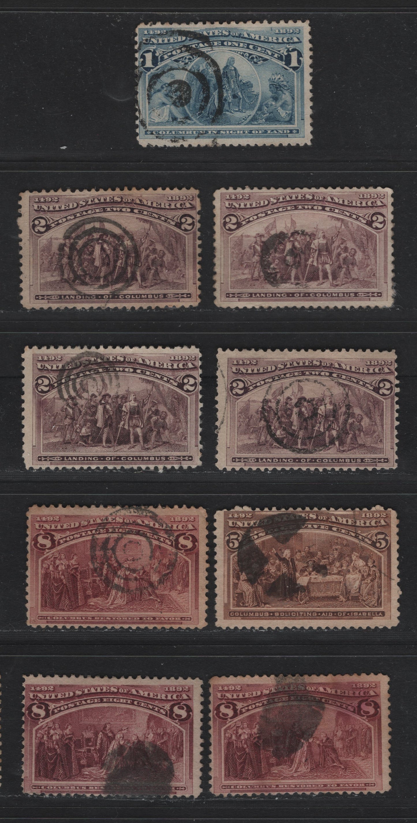 Lot 104 United States SC#230-231, 234, 236 1c - 8c Deep Blue - Brown Purple , 1893 Columbian Exposition Issue, 9 Fine Used Singles, Selection Of Bullseye, Target, Smudge & Circle Of Wedges Cancels