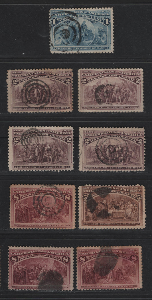 Lot 104 United States SC#230-231, 234, 236 1c - 8c Deep Blue - Brown Purple , 1893 Columbian Exposition Issue, 9 Fine Used Singles, Selection Of Bullseye, Target, Smudge & Circle Of Wedges Cancels