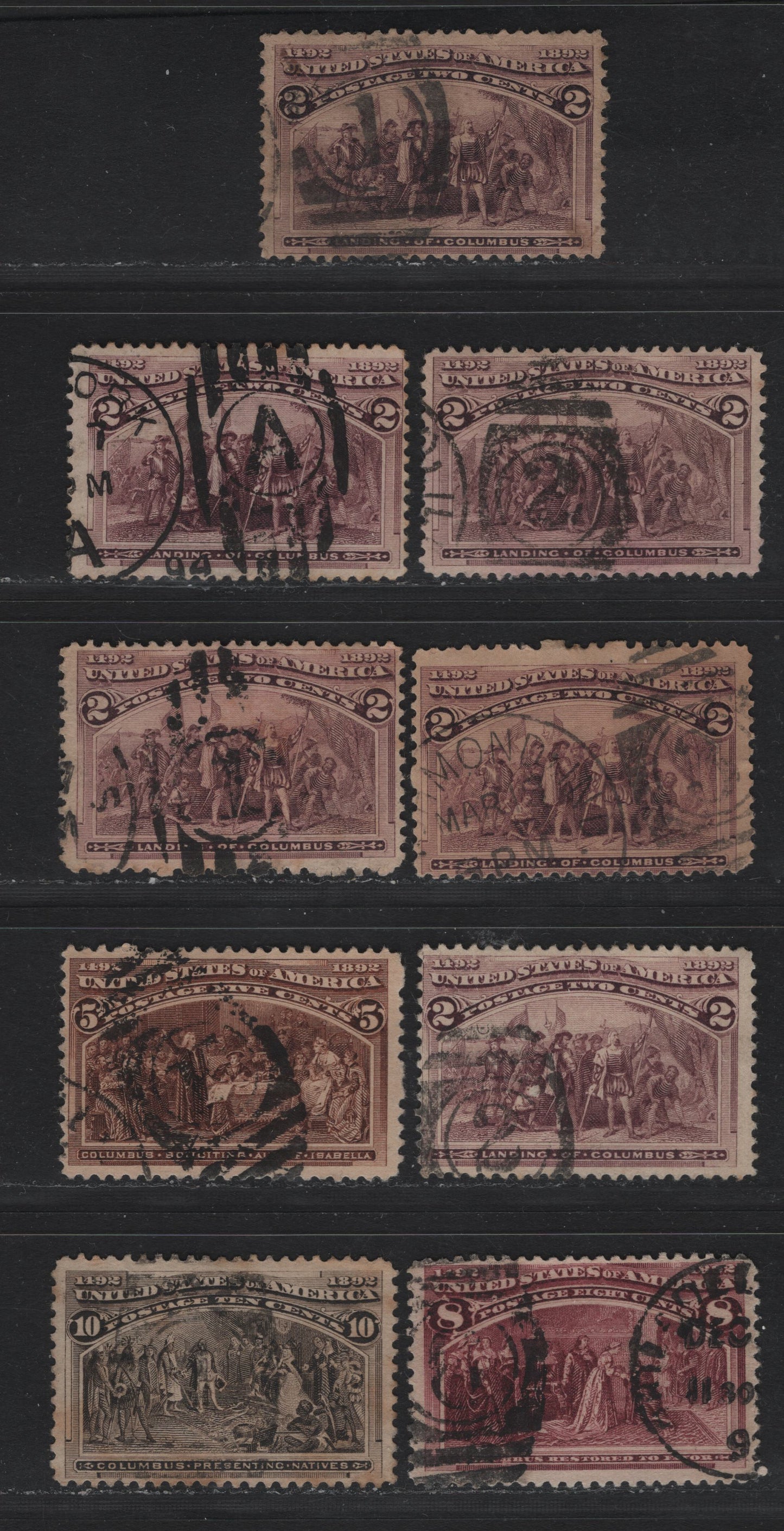 Lot 106 United States SC#231, 234, 236-237 2c -10c Brown Violet - Black Brown , 1893 Columbian Exposition Issue, 9 Fine Used Singles, Numeral & Letter Duplex Cancels, Includes #1, #2, #8 & A