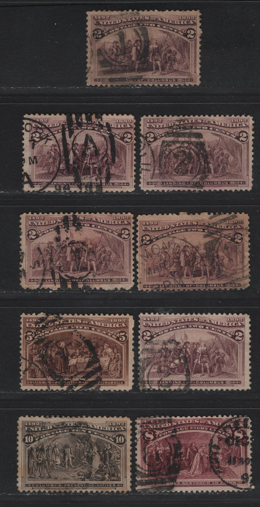 Lot 106 United States SC#231, 234, 236-237 2c -10c Brown Violet - Black Brown , 1893 Columbian Exposition Issue, 9 Fine Used Singles, Numeral & Letter Duplex Cancels, Includes #1, #2, #8 & A