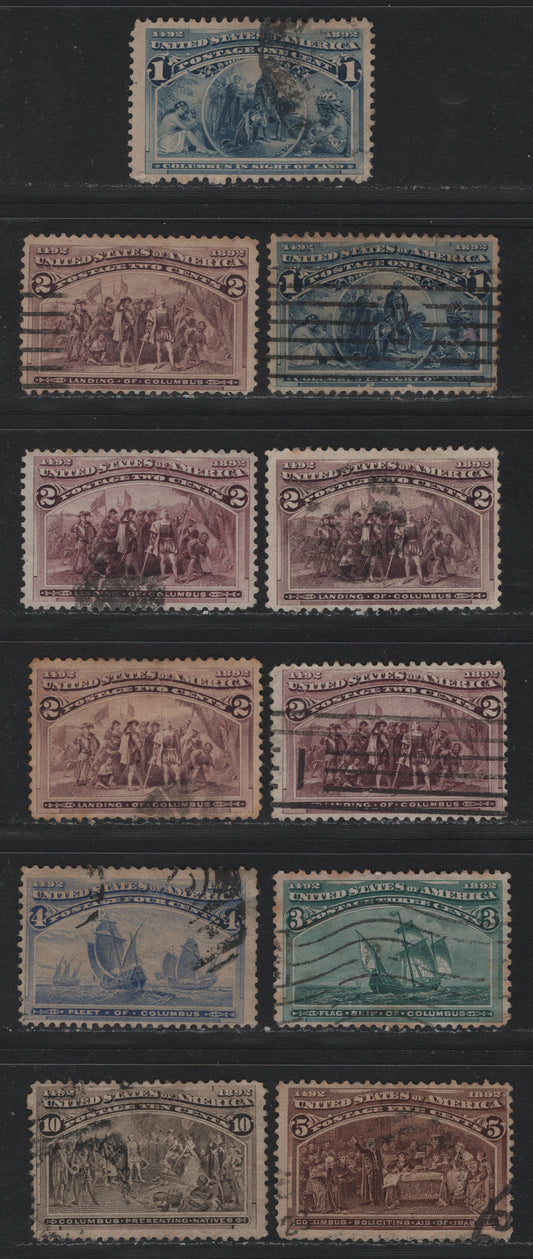 Lot 107 United States SC#231-234, 237 1c - 10c Deep Blue - Black Brown , 1893 Columbian Exposition Issue, 11 Very Good/Fine Used Singles, All Fine Except 4c Which Has A Shallow Thin