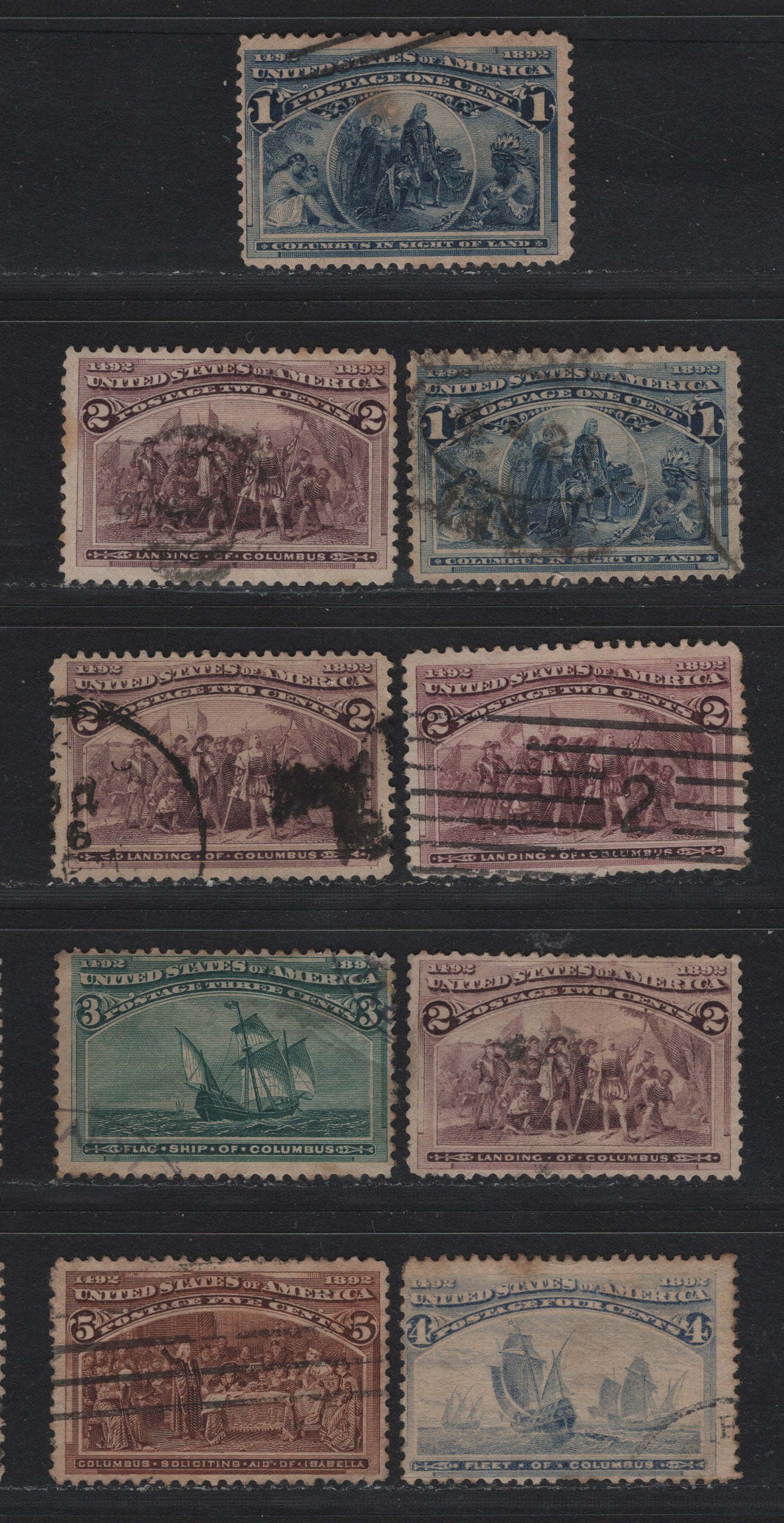 Lot 108 United States SC#230-234 1c - 5c Blue - Chocolate , 1893 Columbian Exposition Issue, 9 Fine Used Singles