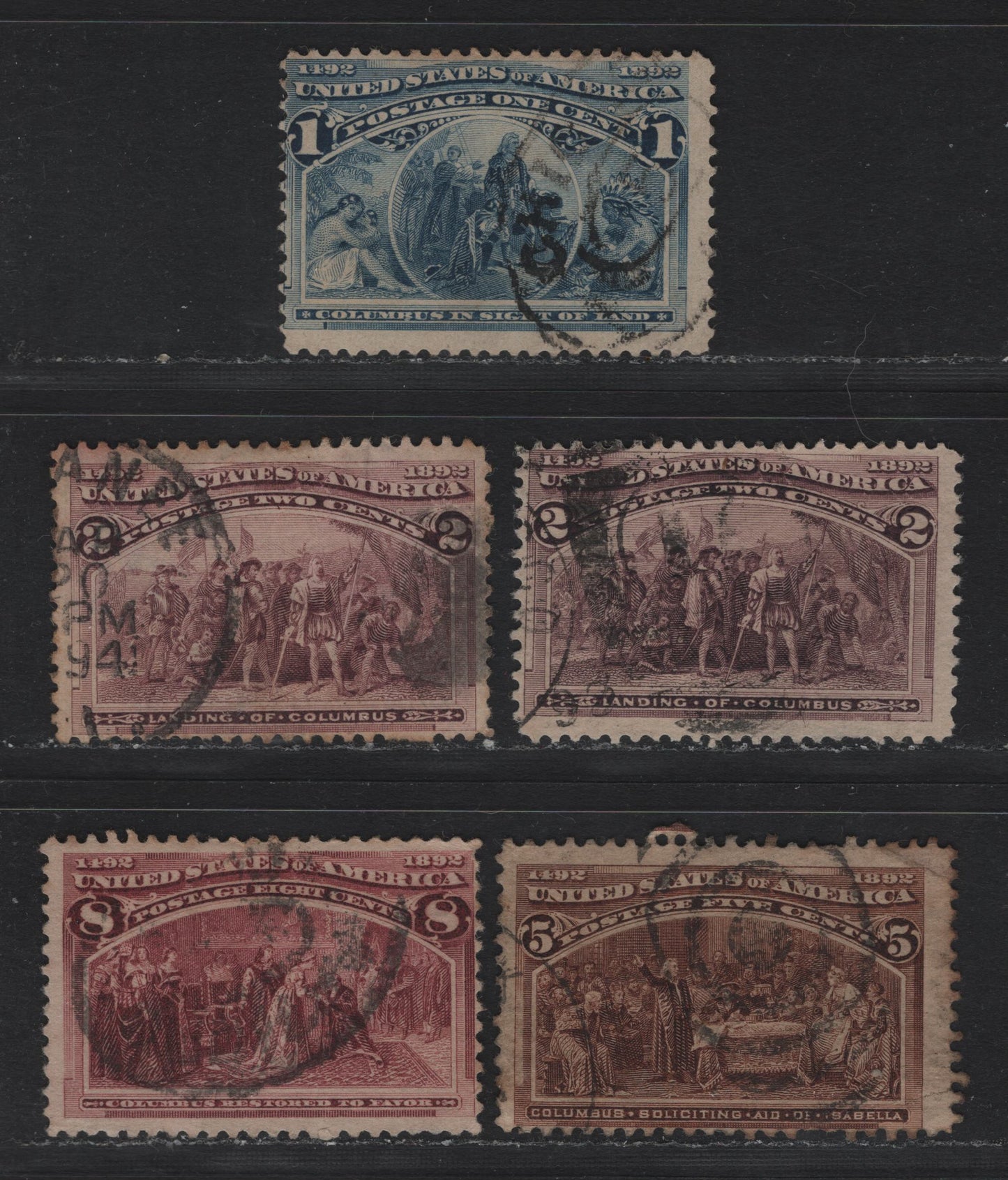 Lot 110 United States SC#230-231, 234, 236 1c - 8c Deep Blue - Brown Purple , 1893 Columbian Exposition Issue, 5 Very Good/Fine Used Singles