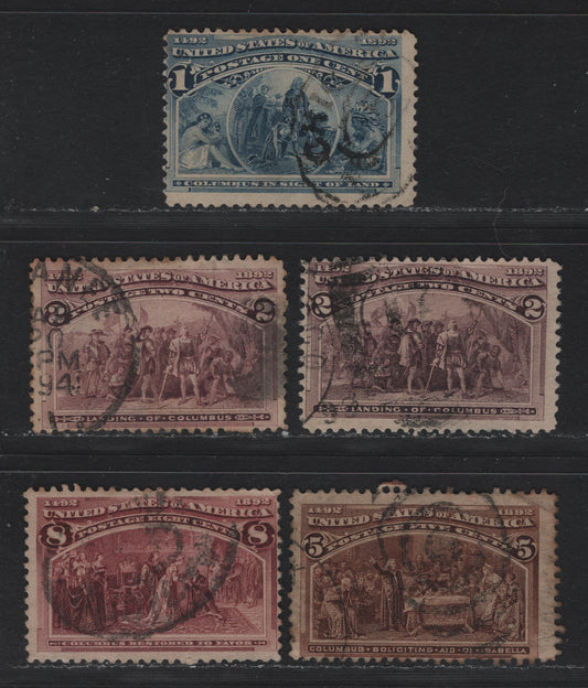 Lot 110 United States SC#230-231, 234, 236 1c - 8c Deep Blue - Brown Purple , 1893 Columbian Exposition Issue, 5 Very Good/Fine Used Singles