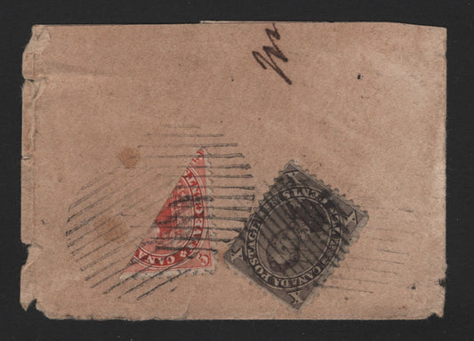 Lot 11 Canada (C) #15b 5c Beaver , 1859-1864 First Cents Issue, A Very Fine Used Cover, Unauthorized Diagonal Bisect On Cover Fragment Faintly Tied By Two Faint Strikes Of 14-Bar Dumb Circular Grid Cancel, With A Damaged 10c Violet Prince Consort