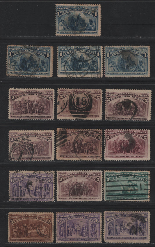 Lot 111 United States SC#230-232, 234-235a 1c - 6c Deep Blue - Violet , 1893 Columbian Exposition Issue, 16 Good/Very Good Used Singles, Some Faults As Noted In Detailed Description