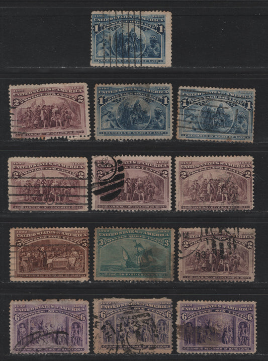Lot 112 United States SC#230-232, 234-235 1c - 5c Deep Blue - Chocolate , 1893 Columbian Exposition Issue, 13 Very Good Used Singles, A Few With Shallow Thins or Creases