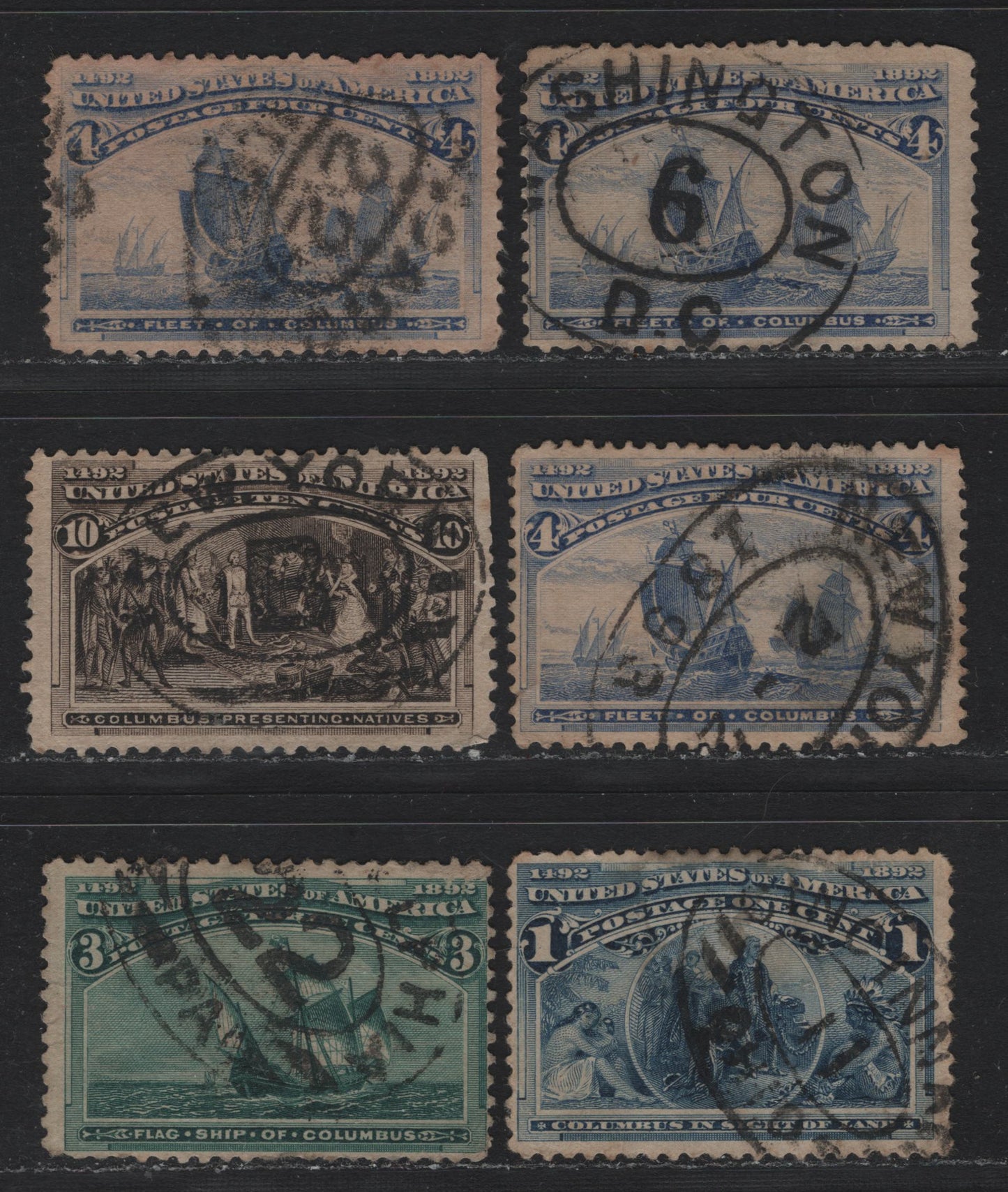 Lot 113 United States SC#230, 232-233, 237 1c - 10c Deep Blue - Black Brown , 1893 Columbian Exposition Issue, 6 Very Good Used Singles, Oval Registry Cancels Including New York, Cincinatti, Philadelphia, Chicago & Washington DC