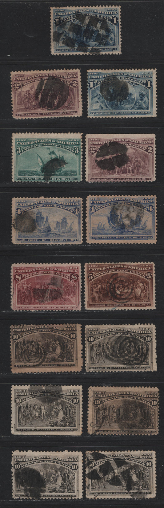 Lot 114 United States SC#230-2324, 236-237 1c - 10c Deep Blue - Black Brown , 1893 Columbian Exposition Issue, 15 Very Good Used Singles, Target & Cork Cancels, Most Are Sound, But 1 Or Two Have Shallow Thins.